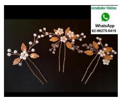 Grampo para Cabelo Detalhe Dourado e Pérolas - Kit 3pcs - Arranjo Grinalda Enfeite Noiva, Casamento