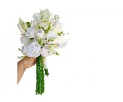 Buquê de Noiva Branco e Verde - Buquê Permanente Moderno Rosa Tulipa e Copo de Leite