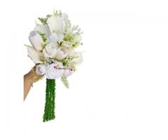 Buquê de Noiva Branco e Verde - Buquê Permanente Moderno Rosa Tulipa e Copo de Leite